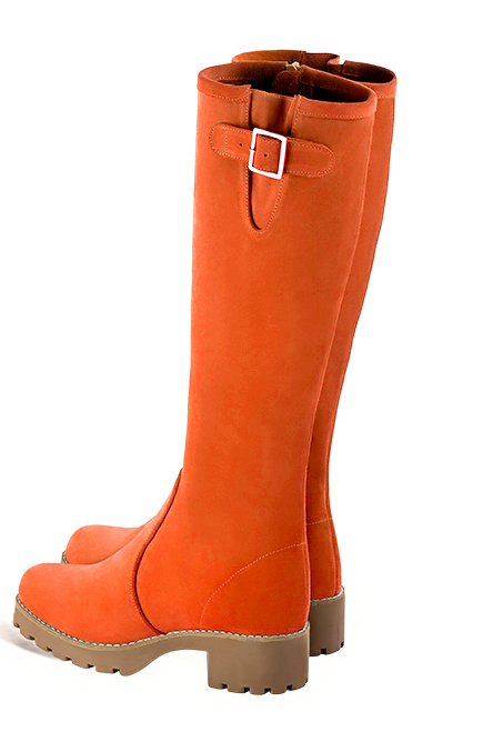 Clementine orange women's knee-high boots with buckles.. Made to measure. Rear view - Florence KOOIJMAN